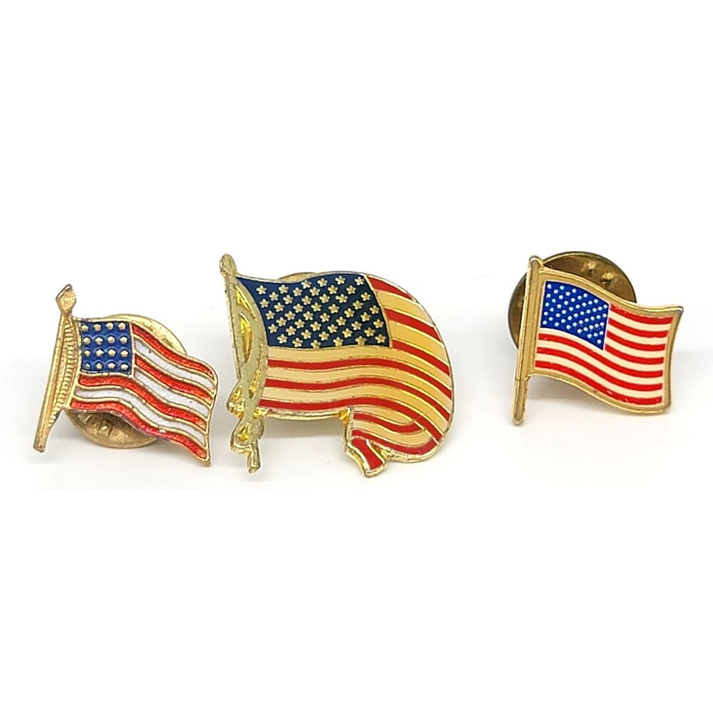 Patriotic American USA Flag Lapel Pins Lot of 3 Gold Tone Enamel Vintage